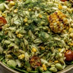 Grilled Corn Orzo Salad with Scallion Dill Dressing topped with fresh dill, charred corn, edamame, cherry tomatoes, and leafy greens.