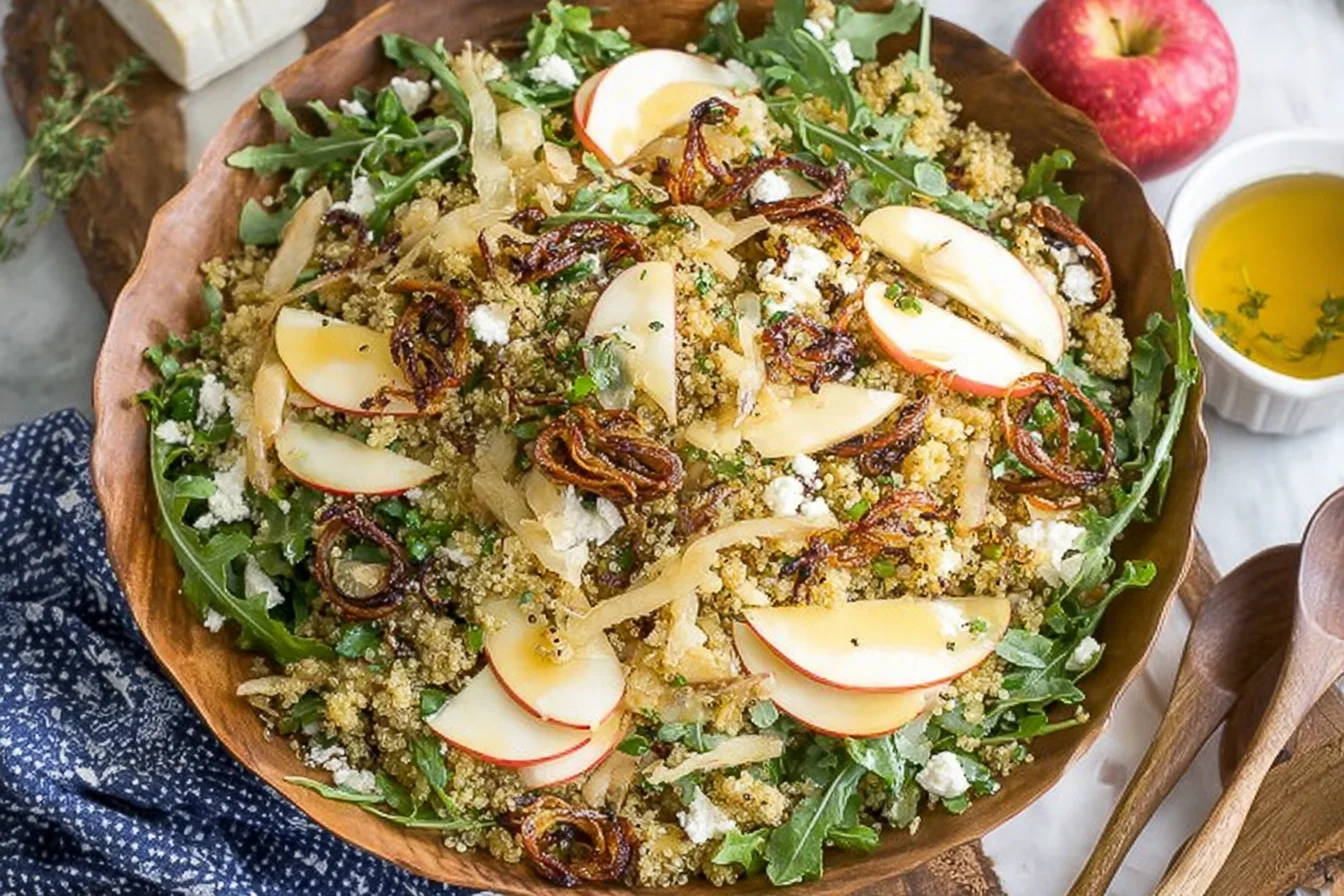 Honey Mustard Quinoa Apple Salad with arugula, crisp apple slices, toasted pepitas, parmesan, and crispy shallots in a wooden bowl.