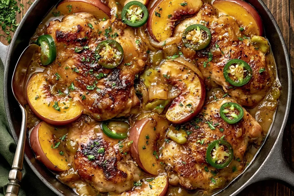 Jalapeno Peach Chicken simmering in a skillet with golden chicken thighs, sliced peaches, jalapeno peppers, and a glossy sweet-spicy glaze.