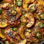Jalapeno Peach Chicken simmering in a skillet with golden chicken thighs, sliced peaches, jalapeno peppers, and a glossy sweet-spicy glaze.