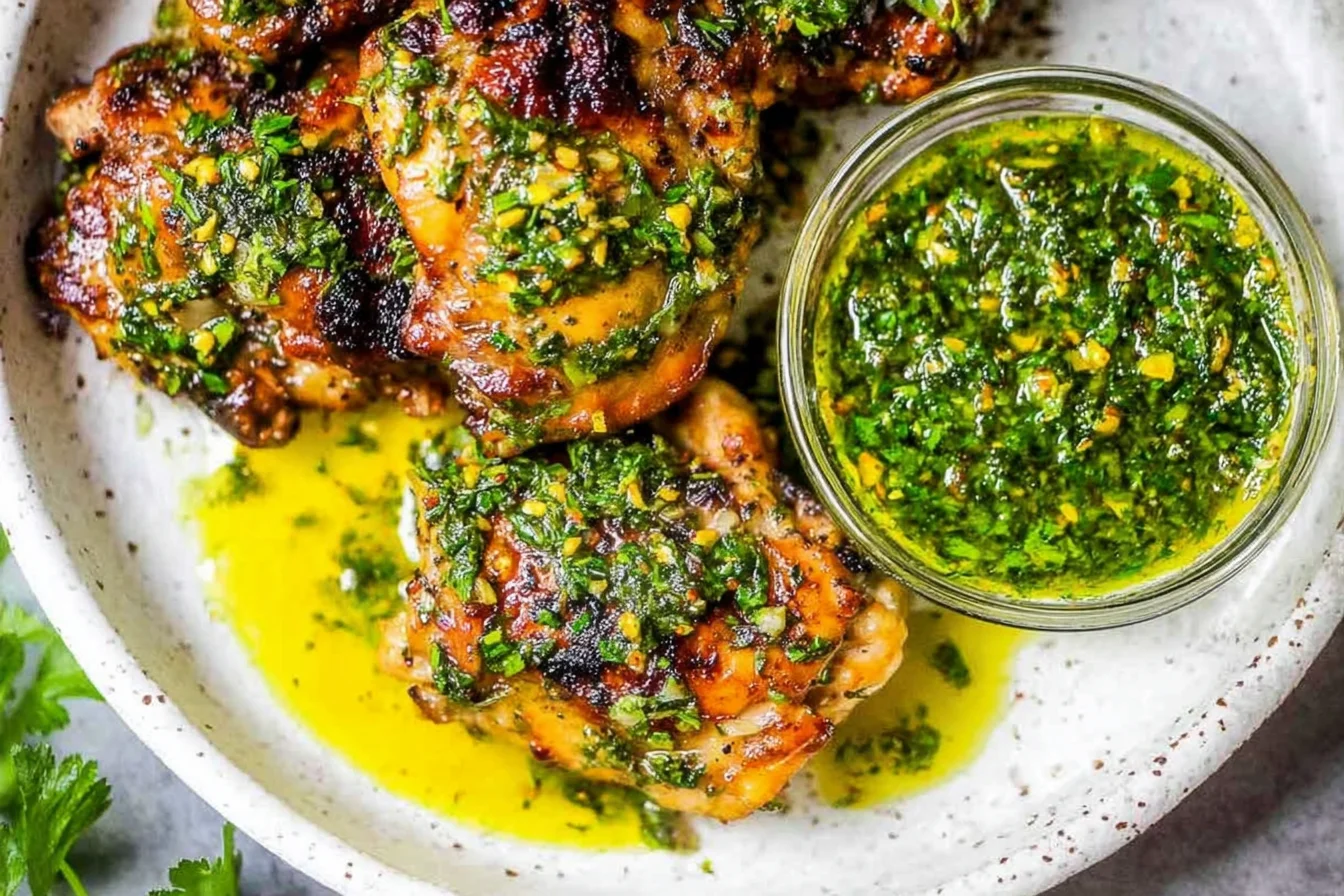 Chimichurri Chicken Thighs on a plate with bright green chimichurri sauce in a jar, grilled and juicy with herbs and garlic.