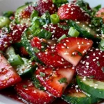 Cucumber Strawberry Salad with juicy sliced strawberries, crisp cucumber rounds, green onions, fresh herbs, sesame seeds, and sweet balsamic dressing