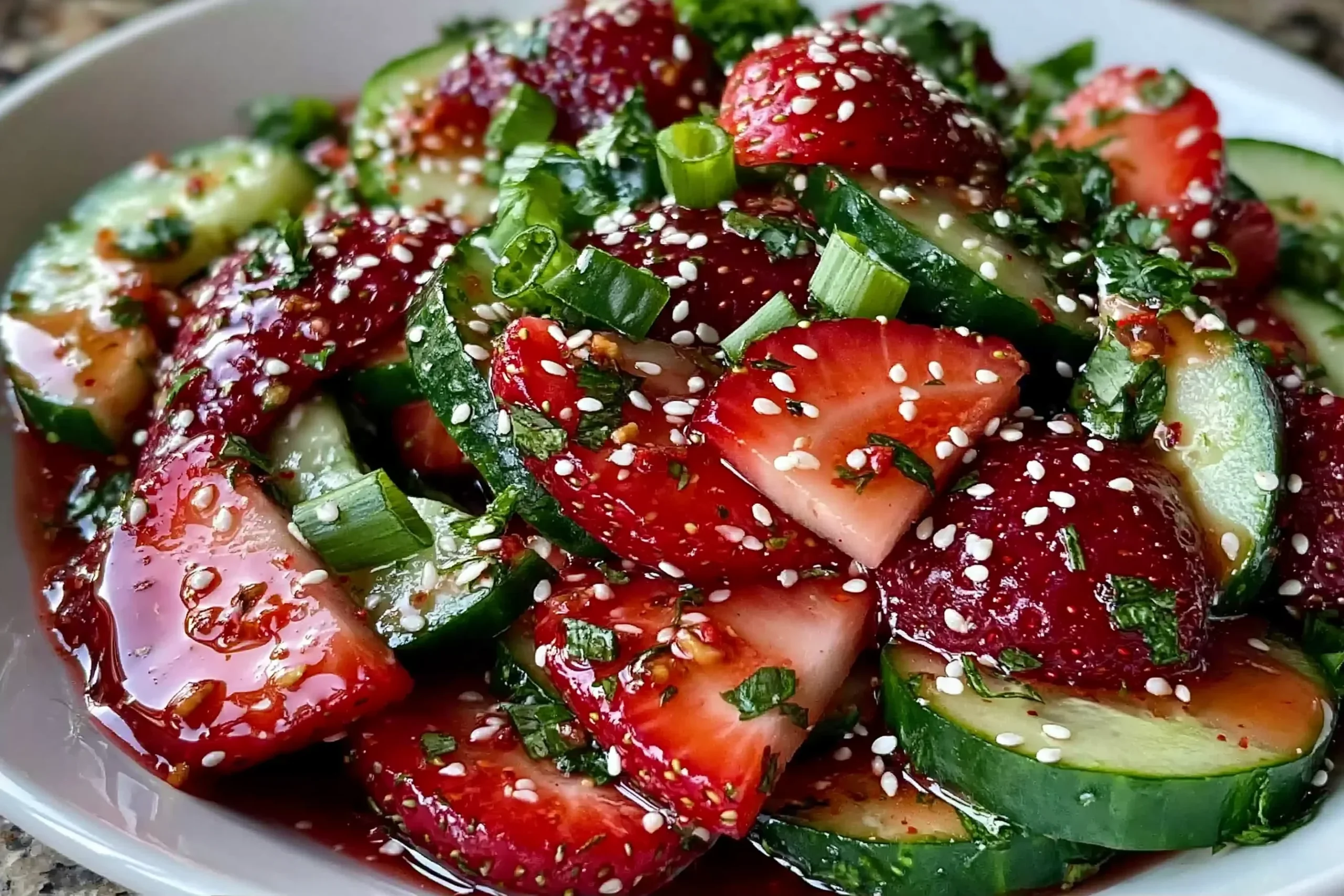 Cucumber Strawberry Salad with juicy sliced strawberries, crisp cucumber rounds, green onions, fresh herbs, sesame seeds, and sweet balsamic dressing