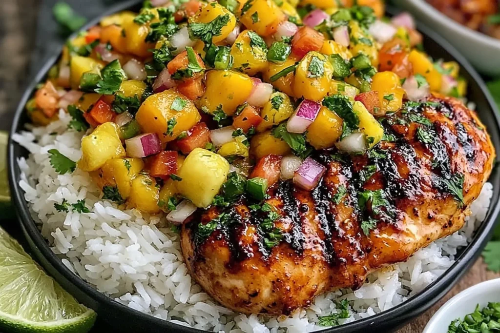 Honey Lime Chicken with Mango Salsa served over fluffy white rice with juicy grilled chicken, fresh mango, red onion, jalapeño, cilantro, and lime.