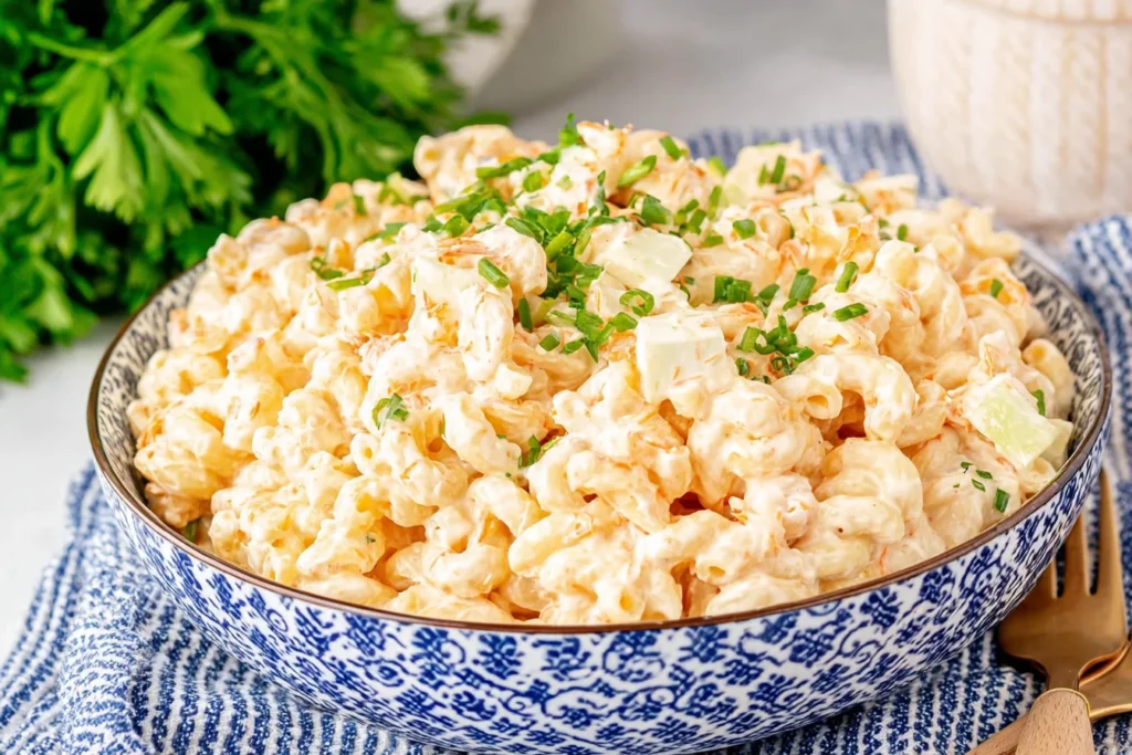 Creamy Macaroni Hawaiian Salad in a blue patterned bowl, topped with chopped herbs and green onions, with tender elbow macaroni and a rich mayo dressing.