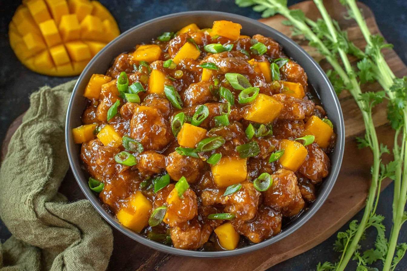 Bowl of Mango Chicken Stir Fry with crispy chicken bites, glossy sweet-spicy sauce, fresh mango cubes, and sliced green onions.