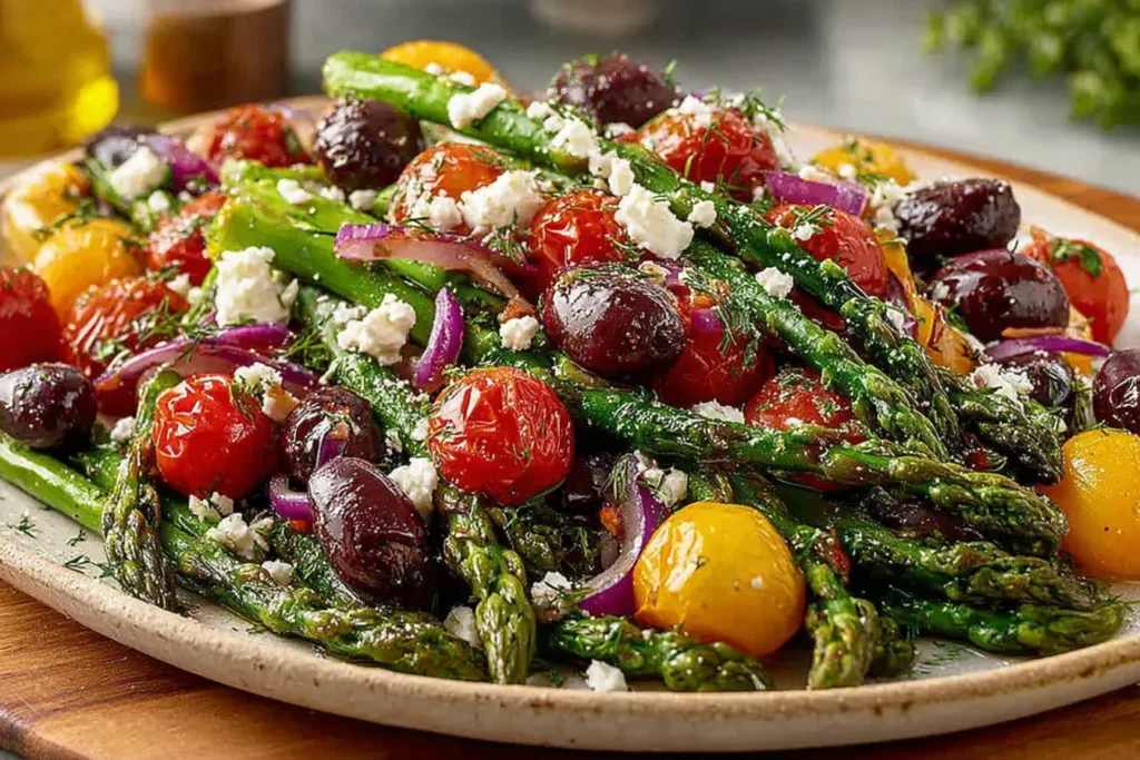 Mediterranean Asparagus & Olive Salad with roasted asparagus, cherry tomatoes, Kalamata olives, red onion, feta, and fresh herbs on a platter.