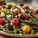 Mediterranean Asparagus & Olive Salad with roasted asparagus, cherry tomatoes, Kalamata olives, red onion, feta, and fresh herbs on a platter.