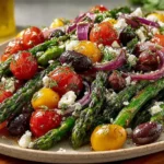Mediterranean Asparagus & Olive Salad with cherry tomatoes, Kalamata olives, red onion, feta, and herbs on a plate.