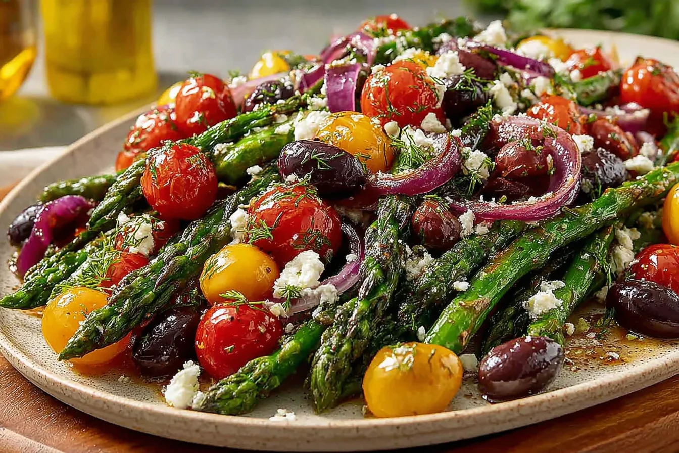 Mediterranean Asparagus & Olive Salad with cherry tomatoes, Kalamata olives, red onion, feta, and herbs on a plate.