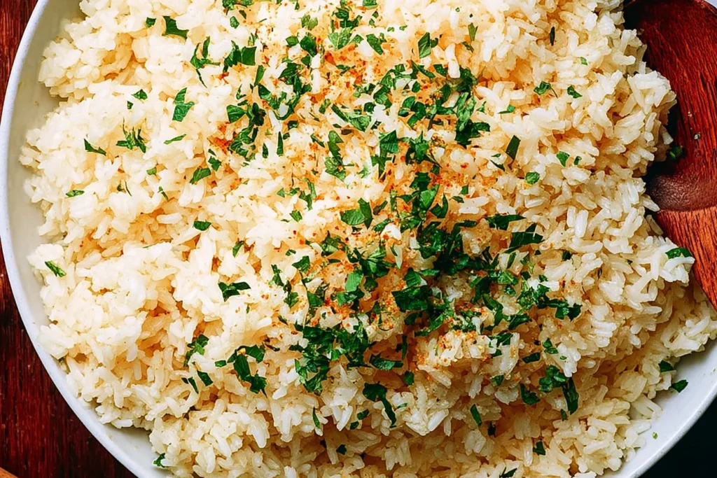 Bowl of fluffy Mediterranean Butter Rice with chopped parsley, paprika, and a buttery garlic-lemon finish.