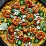 Mexican Street Corn and Shrimp in a cast-iron skillet with creamy corn, chili-seasoned shrimp, feta, cilantro, jalapeño slices, and fresh lime wedges.