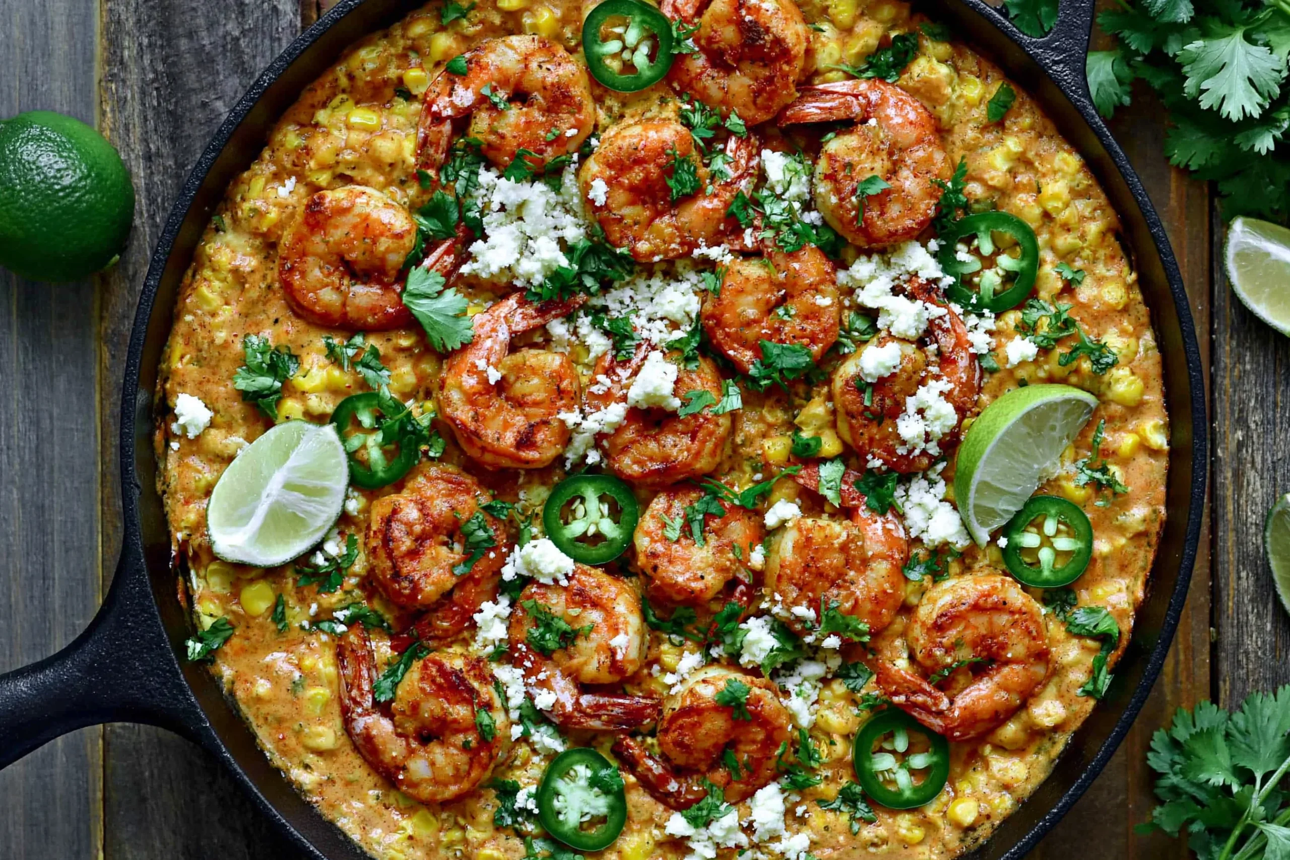 Mexican Street Corn and Shrimp in a cast-iron skillet with creamy corn, chili-seasoned shrimp, feta, cilantro, jalapeño slices, and fresh lime wedges.