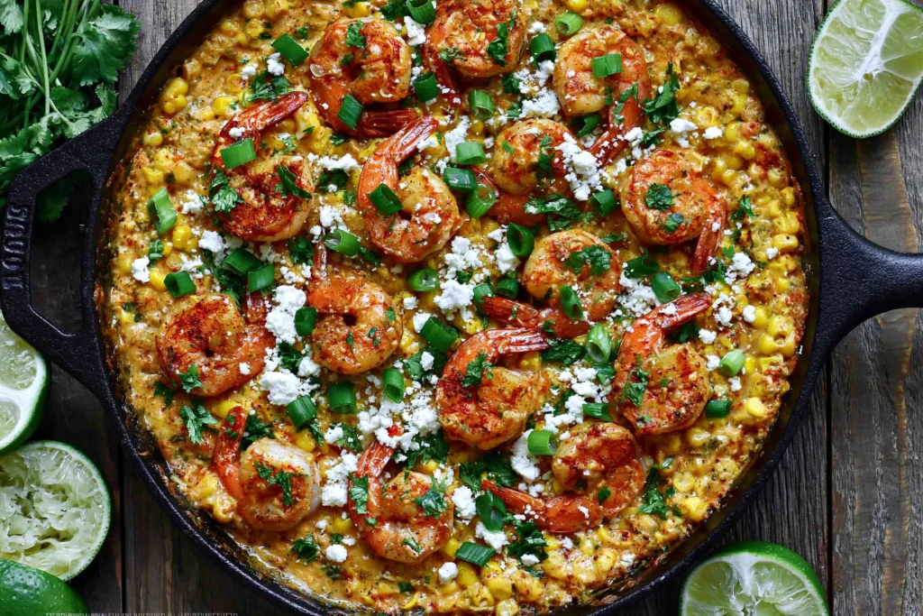Mexican Street Corn and Shrimp skillet with creamy corn sauce, chili-seasoned shrimp, crumbled feta, cilantro, green onions, and lime wedges.
