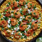 Mexican Street Corn and Shrimp skillet with creamy corn sauce, chili-seasoned shrimp, crumbled feta, cilantro, green onions, and lime wedges.