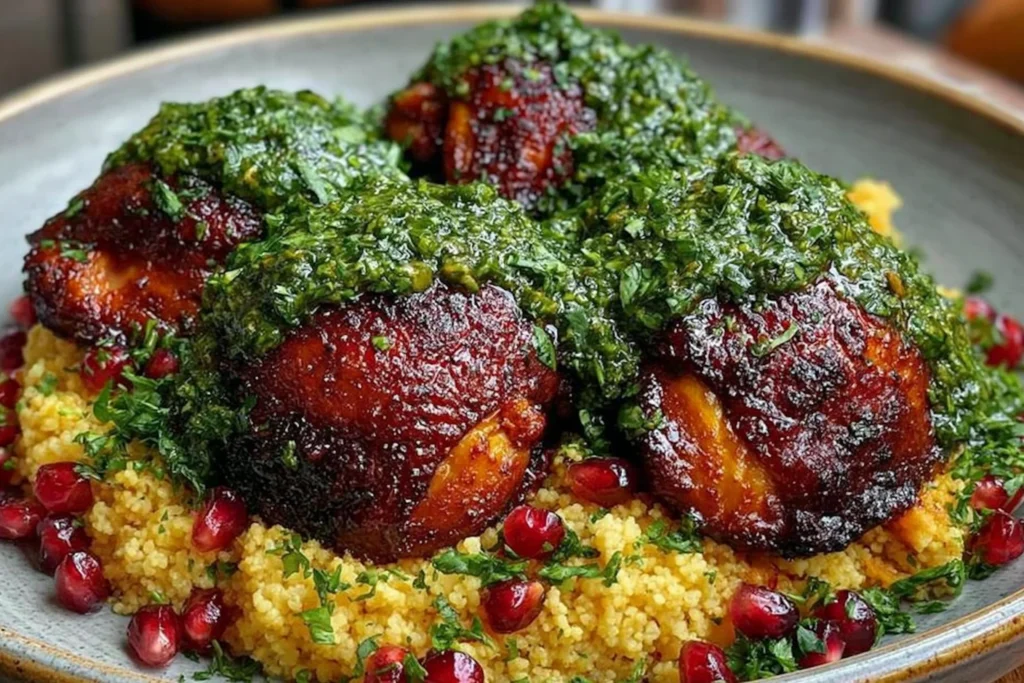 Close-up of Moroccan Harissa Chicken with Mint Chimichurri over fluffy couscous with pomegranate seeds and fresh herbs