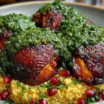 Close-up of Moroccan Harissa Chicken with Mint Chimichurri over fluffy couscous with pomegranate seeds and fresh herbs