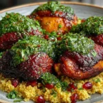 Moroccan Harissa Chicken with Mint Chimichurri served over couscous with fresh herbs and pomegranate seeds