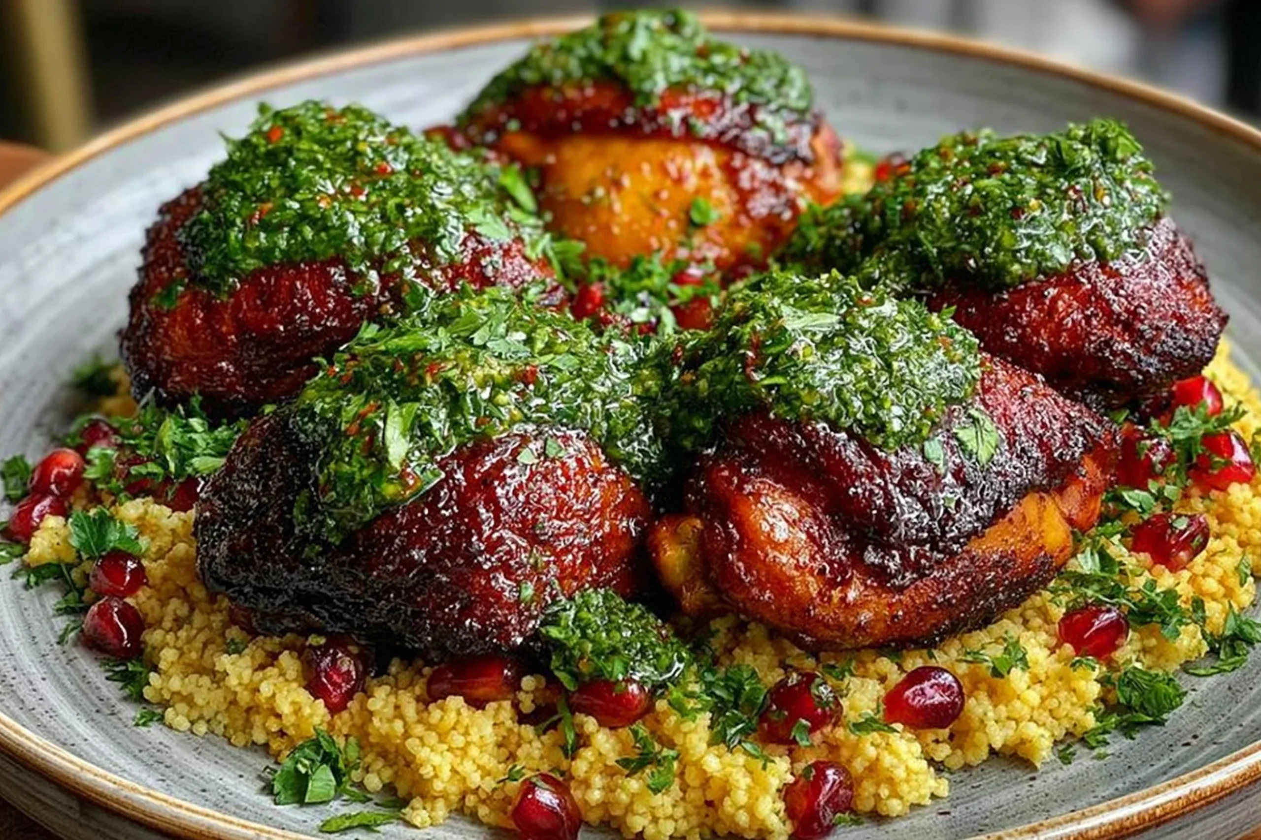 Moroccan Harissa Chicken with Mint Chimichurri served over couscous with fresh herbs and pomegranate seeds