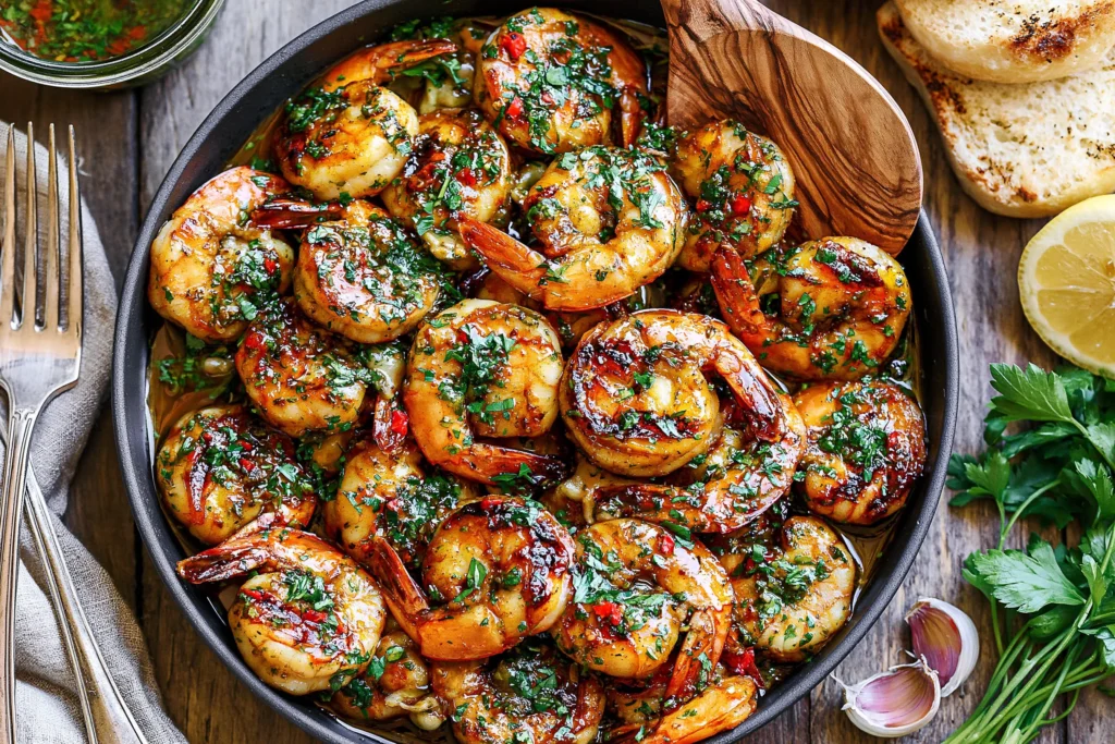 Pan Seared Chimichurri Shrimp in a skillet with juicy garlic shrimp, fresh parsley, red pepper, lemon, and grilled bread