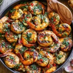 Pan Seared Chimichurri Shrimp in a skillet with juicy garlic shrimp, fresh parsley, red pepper, lemon, and grilled bread