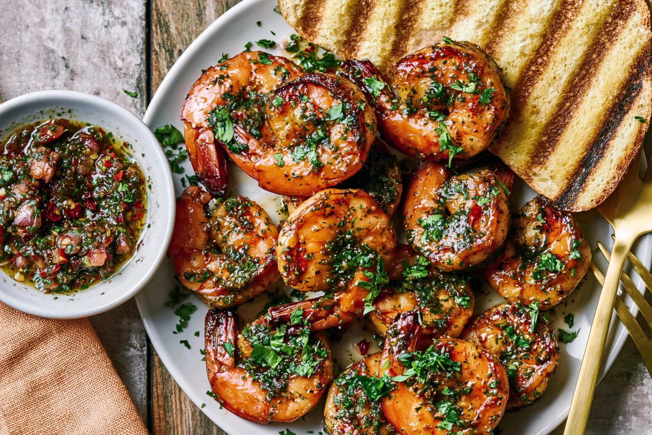 Pan Seared Chimichurri Shrimp with juicy seared shrimp, fresh herb sauce, red pepper, and grilled bread on a white serving plate