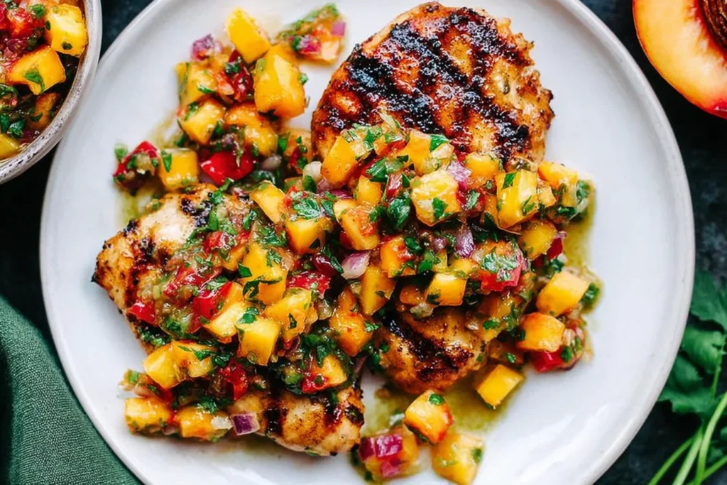 Peach Salsa Chicken with juicy grilled chicken breasts topped with fresh peach salsa, cilantro, red onion, and peppers on a white plate.