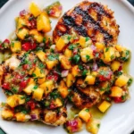 Peach Salsa Chicken with juicy grilled chicken breasts topped with fresh peach salsa, cilantro, red onion, and peppers on a white plate.