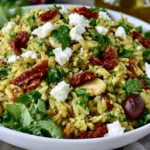 Pesto Orzo Salad with Sundried Tomatoes with feta, chickpeas, cucumbers, and fresh herbs in a white bowl