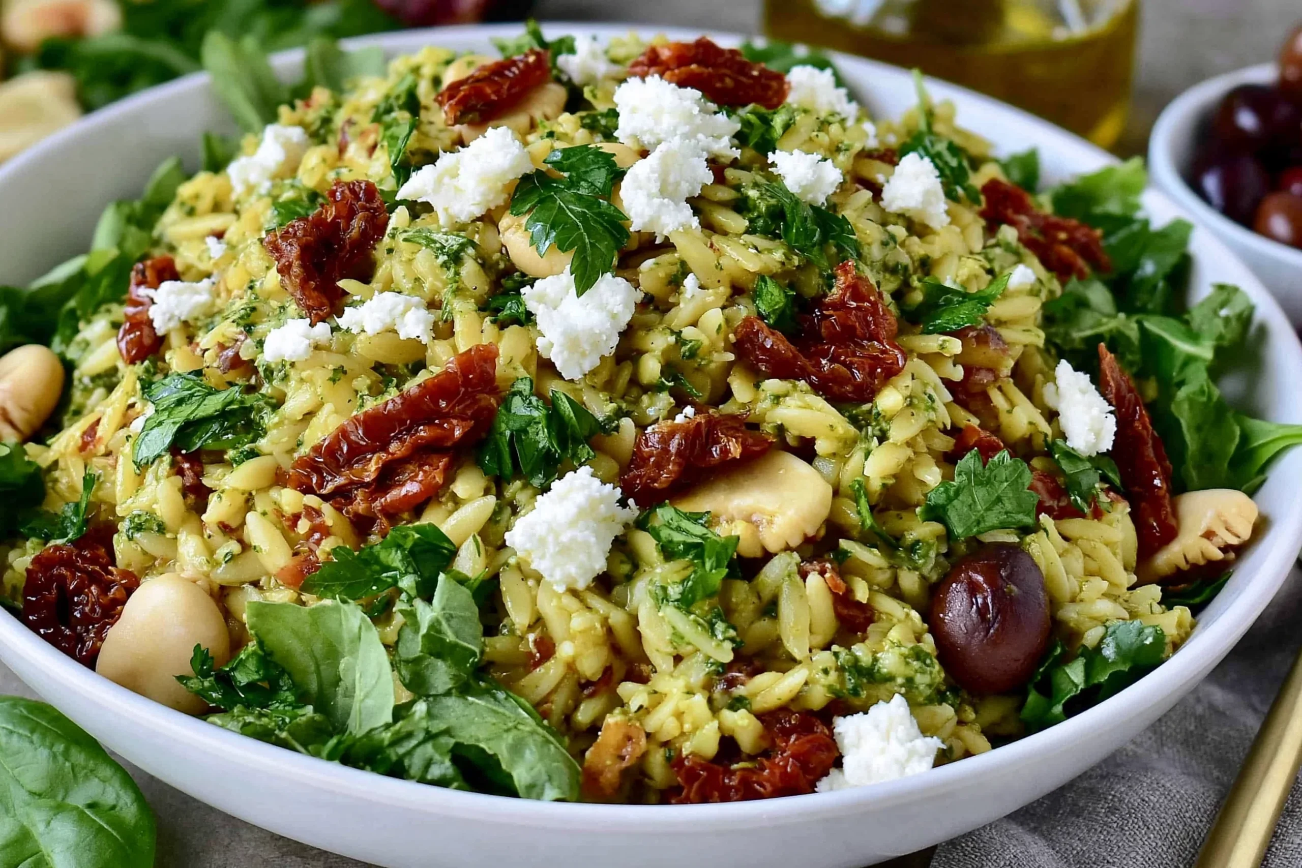 Pesto Orzo Salad with Sundried Tomatoes with feta, chickpeas, cucumbers, and fresh herbs in a white bowl