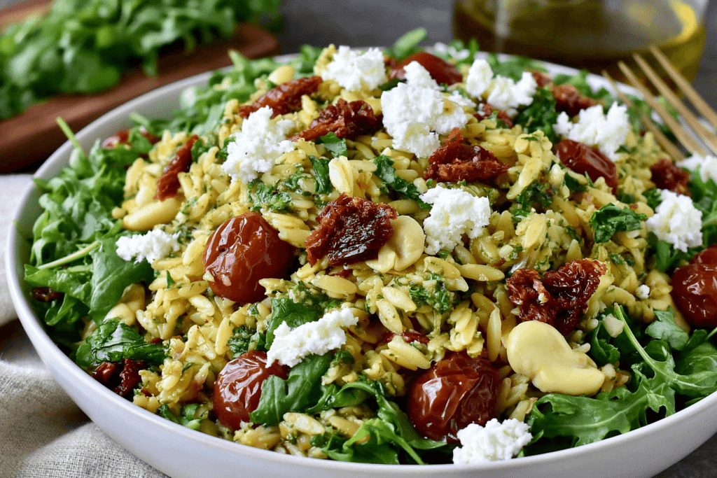Pesto Orzo Salad with Sundried Tomatoes in a white bowl with arugula, feta crumbles, sun-dried tomatoes, and herbs