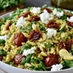 Pesto Orzo Salad with Sundried Tomatoes in a white bowl with arugula, feta crumbles, sun-dried tomatoes, and herbs
