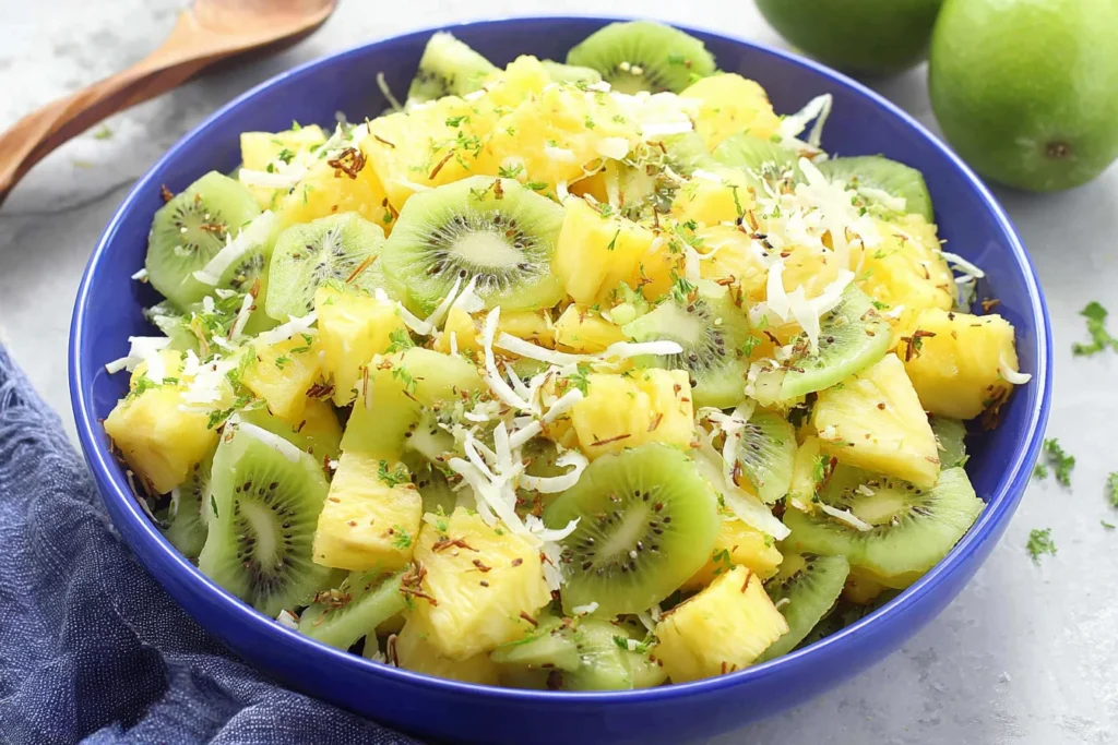 Pineapple Kiwi Salad in a blue bowl with toasted coconut, fresh mint, and honey-lime dressing.
