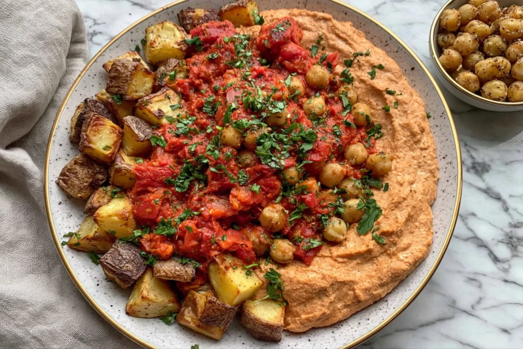Red Pepper Feta Dip with roasted potatoes, chickpeas, parsley, and chunky roasted red pepper topping on a marble table.