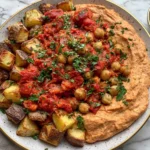Red Pepper Feta Dip with roasted potatoes, chickpeas, parsley, and chunky roasted red pepper topping on a marble table.