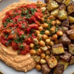 Red Pepper Feta Dip with roasted potatoes, chickpeas, parsley, and savory red pepper topping served on a gray plate.