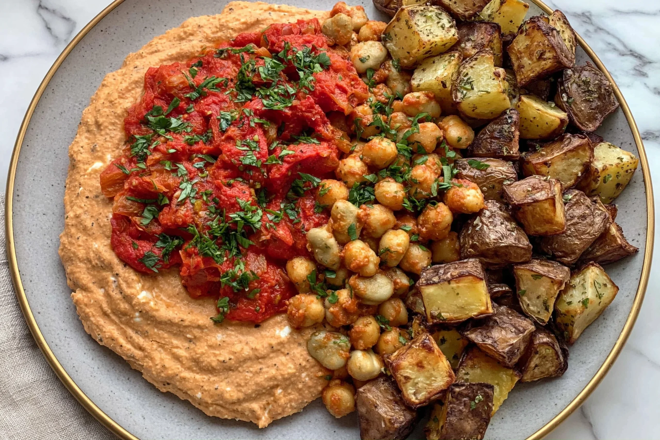 Red Pepper Feta Dip with roasted potatoes, chickpeas, parsley, and savory red pepper topping served on a gray plate.