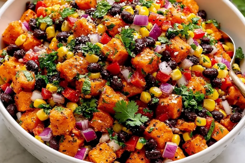 Roasted Sweet Potato Black Bean Salad with corn, red onion, bell peppers, cilantro, and feta in a white serving bowl.