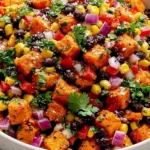 Roasted Sweet Potato Black Bean Salad with corn, red onion, bell peppers, cilantro, and feta in a white serving bowl.