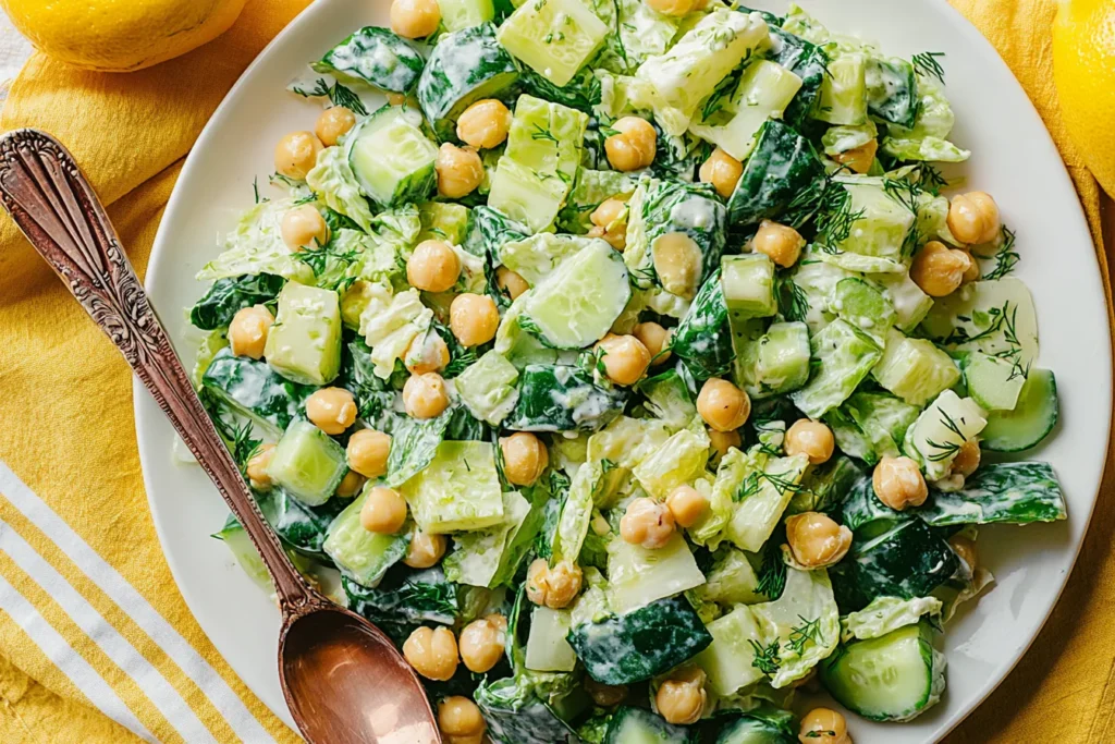 Rudy’s Sunshine Salad on a white plate with chickpeas, cucumber chunks, fresh herbs, and creamy tahini-lime dressing