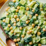 Rudy’s Sunshine Salad on a white plate with chickpeas, cucumber chunks, fresh herbs, and creamy tahini-lime dressing