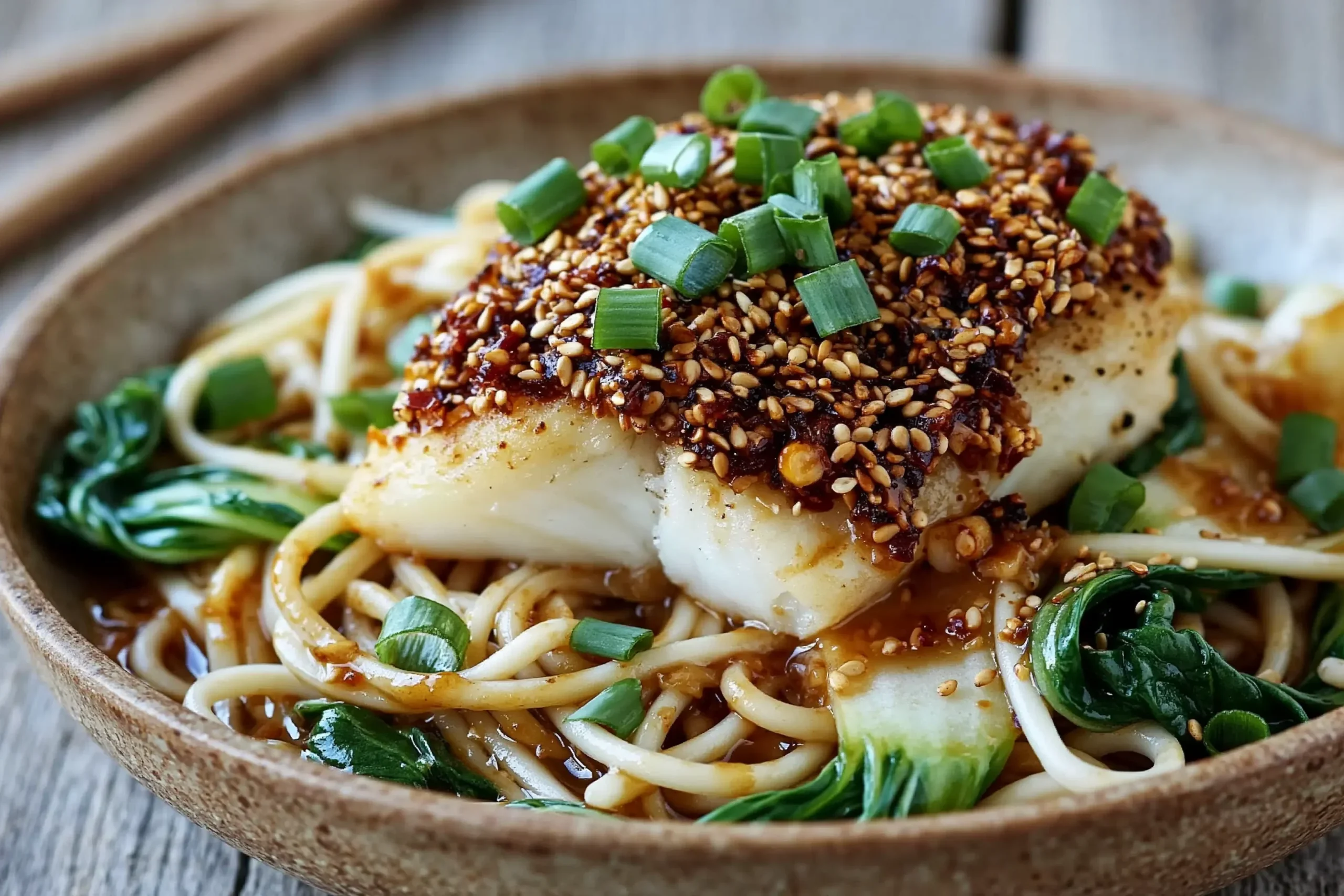 Crusted Cod with Aromatic Ginger Noodles topped with sesame seeds, green onions, and bok choy in a cozy bowl