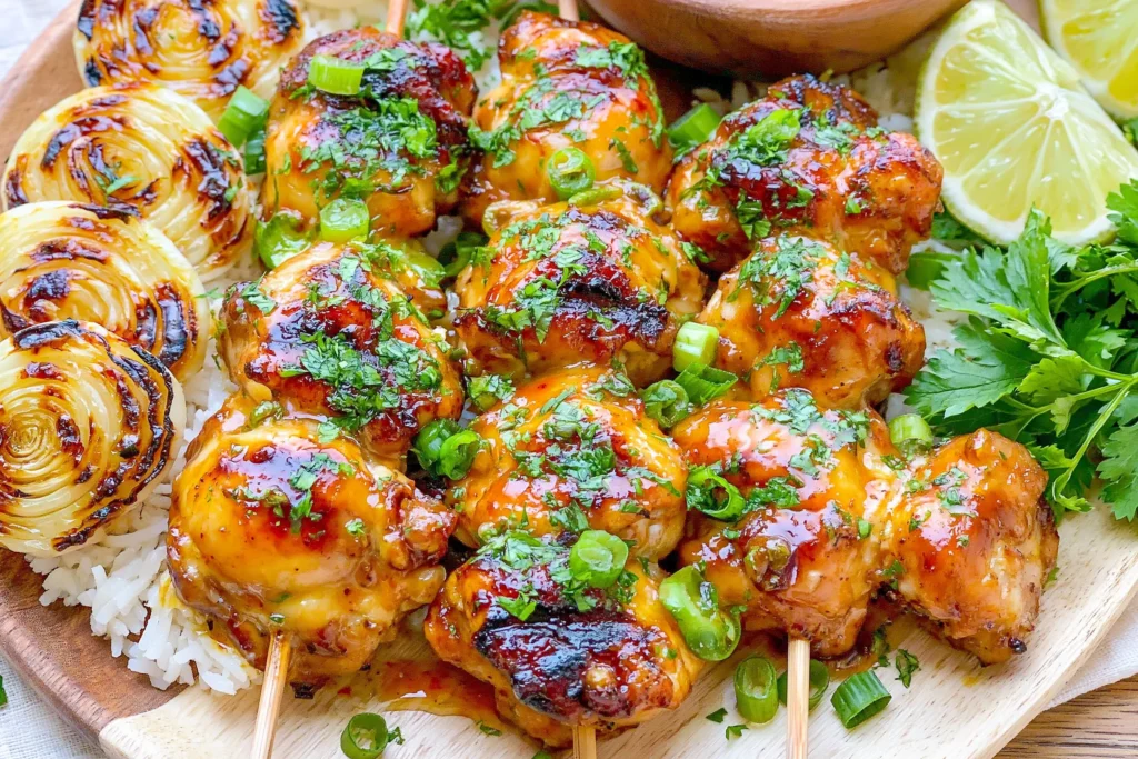 Spicy Honey-Lime Chicken skewers served over fluffy rice with grilled onions, fresh cilantro, green onions, and lime wedges