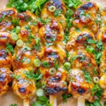 Spicy Honey-Lime Chicken skewers glazed with sticky honey lime sauce, garnished with cilantro, green onions, and fresh lime slices