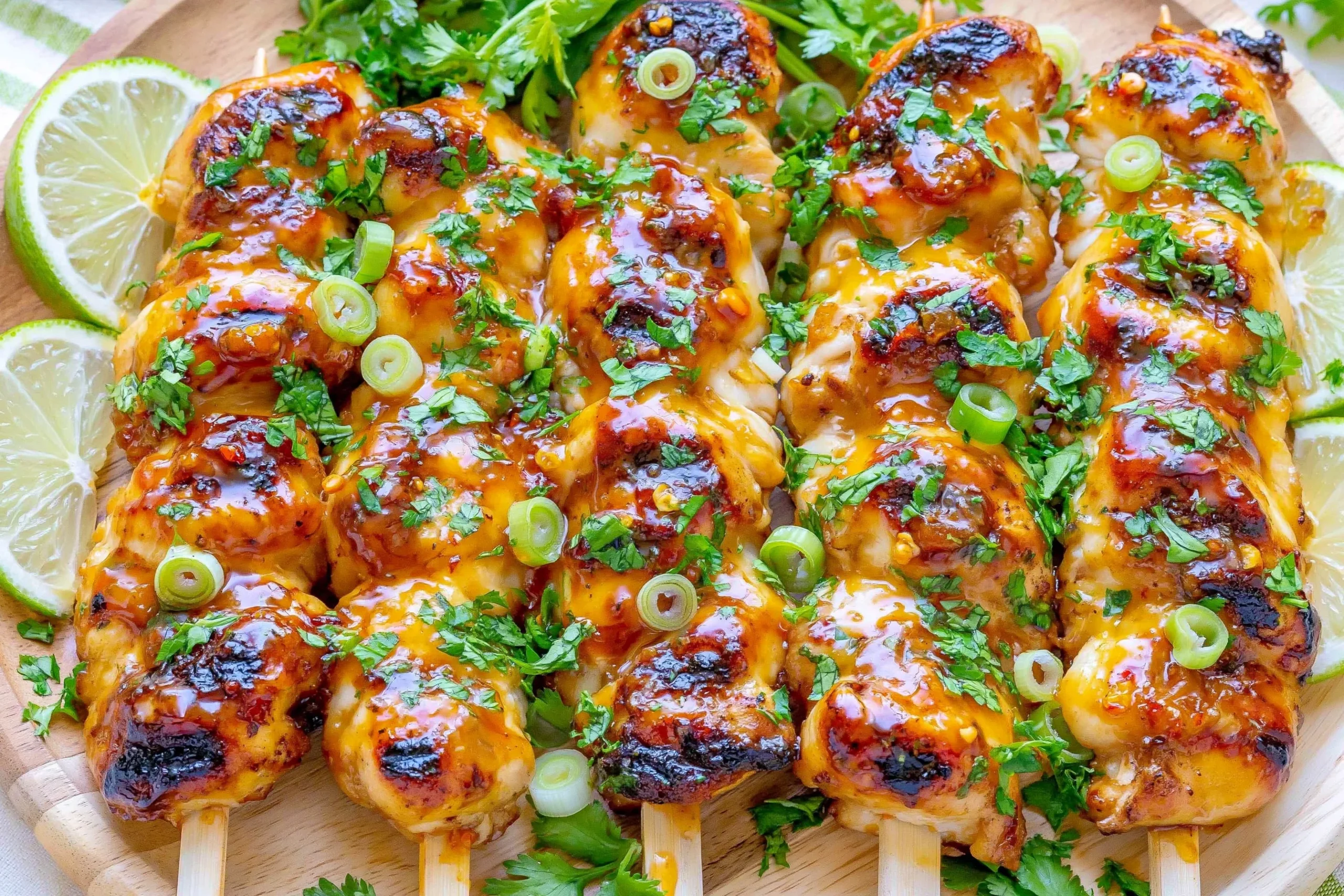 Spicy Honey-Lime Chicken skewers glazed with sticky honey lime sauce, garnished with cilantro, green onions, and fresh lime slices