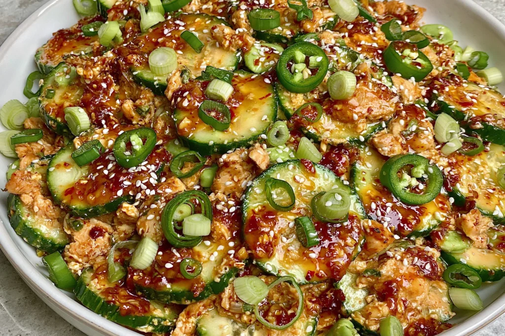 Thai Cucumber Salad with Chicken in a bowl with sliced cucumbers, shredded chicken, green onions, sesame seeds, jalapeños, and chili crisp peanut dressing.