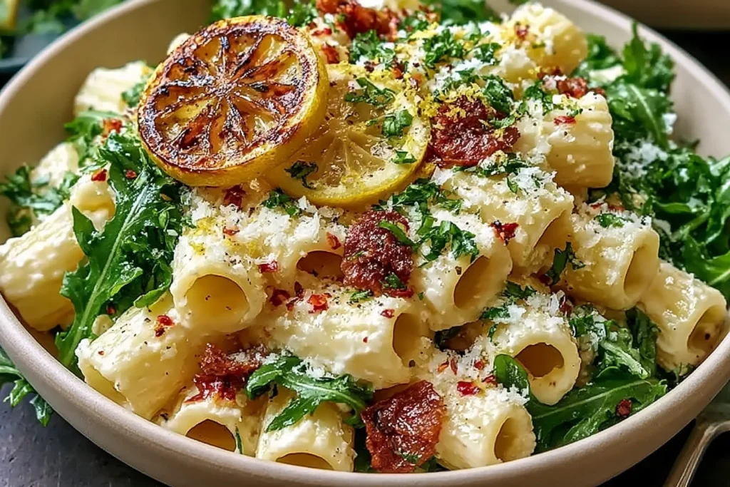 Stanley Tucci’s Creamy Lemon Ricotta Pasta With Arugula topped with Parmesan, red pepper flakes, herbs, and caramelized lemon slices