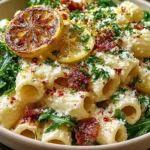 Stanley Tucci’s Creamy Lemon Ricotta Pasta With Arugula topped with Parmesan, red pepper flakes, herbs, and caramelized lemon slices