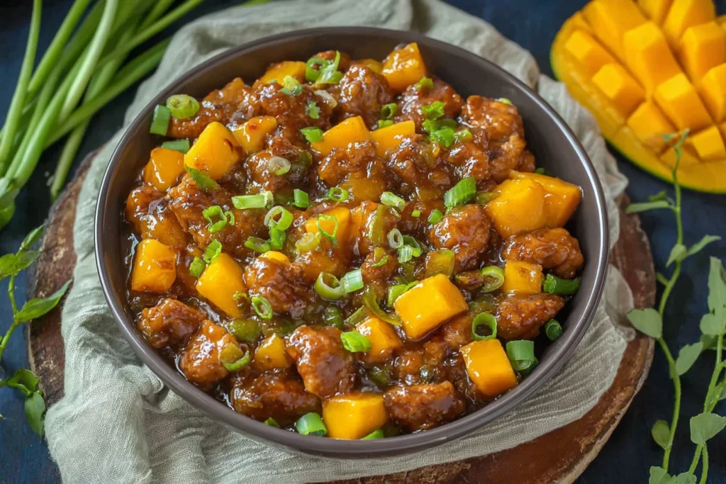 Close-up bowl of Mango Chicken Stir Fry with crispy chicken, sweet-spicy glossy sauce, mango chunks, bell peppers, and green onions.