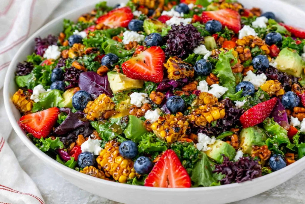Strawberry Avocado Corn Salad in a large bowl with grilled corn, strawberries, blueberries, avocado, goat cheese, mixed greens, and honey mustard vinaigrette.